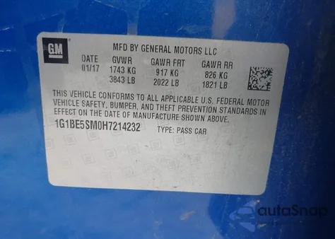 2017 Chevrolet Cruze Lt Auto z USA, uszkodzony, nr VIN 1G1BE5SM0H7214232